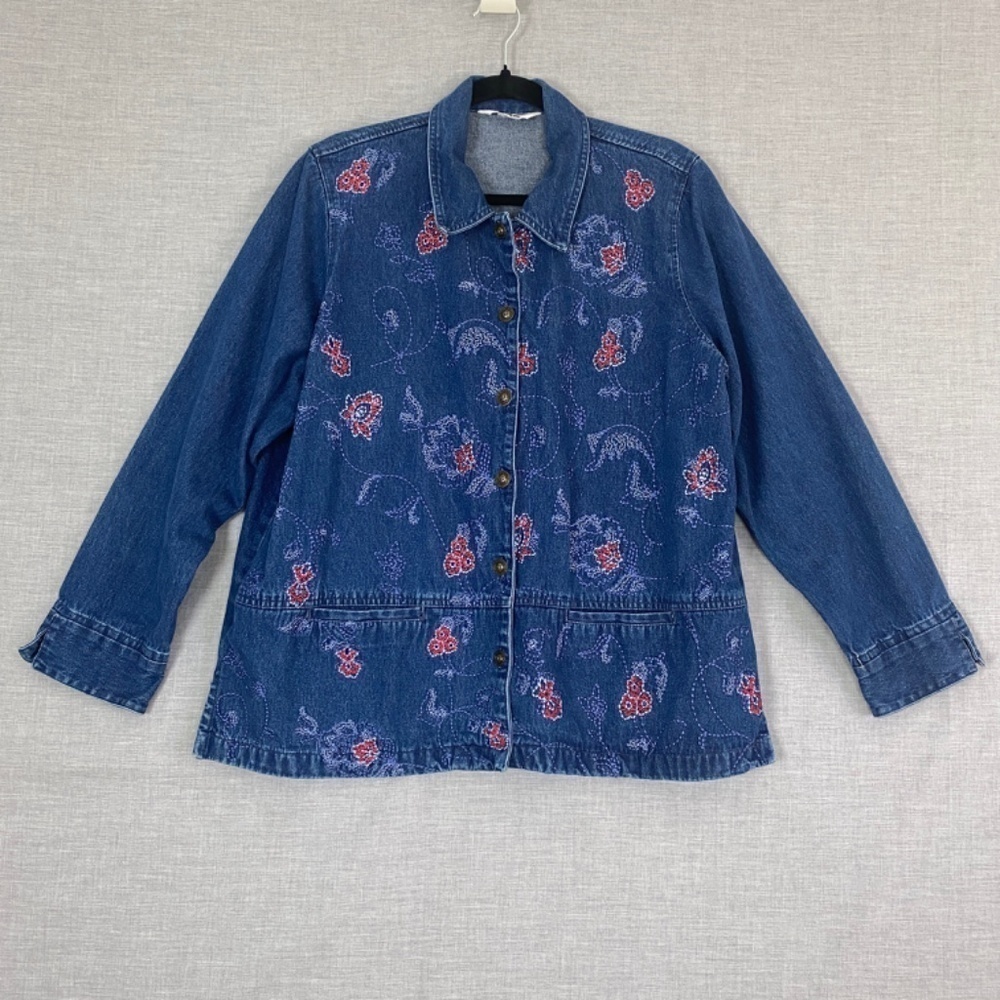 Alia Jean Jacket Womens 2X Blue Cotton Embroidered Flowers Pockets Metal Buttons